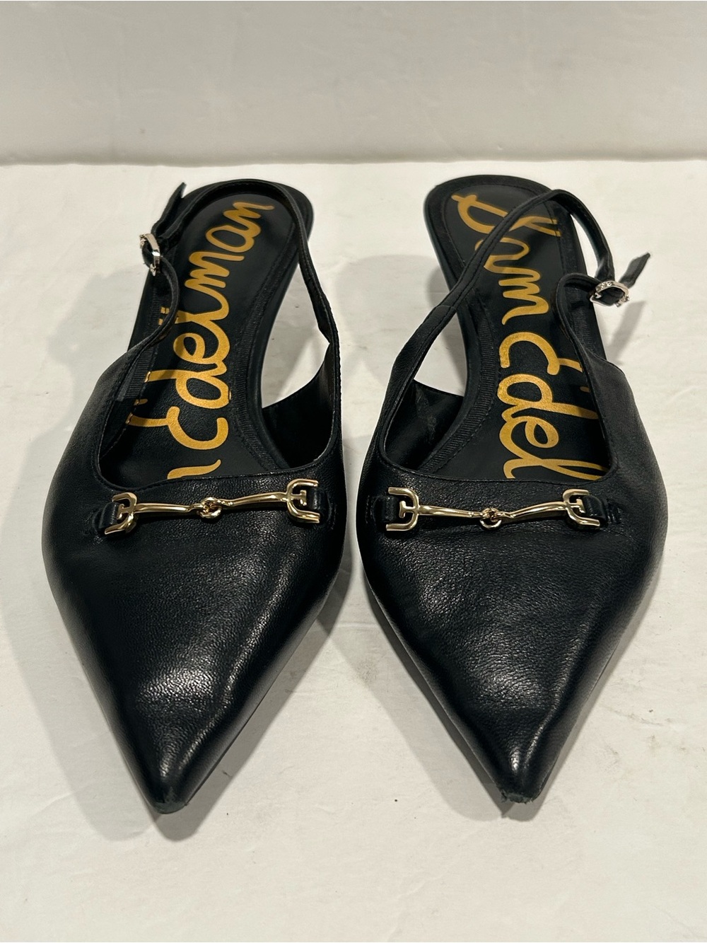 Sam Edelman "Farrah" Black Leather Horsebit Slingback Kitten Heels - Size 6W - Picture 2 of 12
